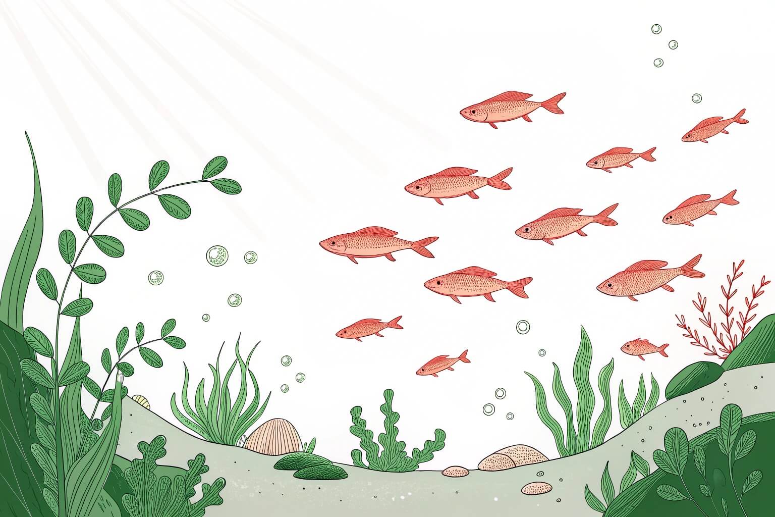 A vibrant underwater scene with sunlight filtering down onto a school of healthy orange fish swimming among green and red aquatic plants and rocks